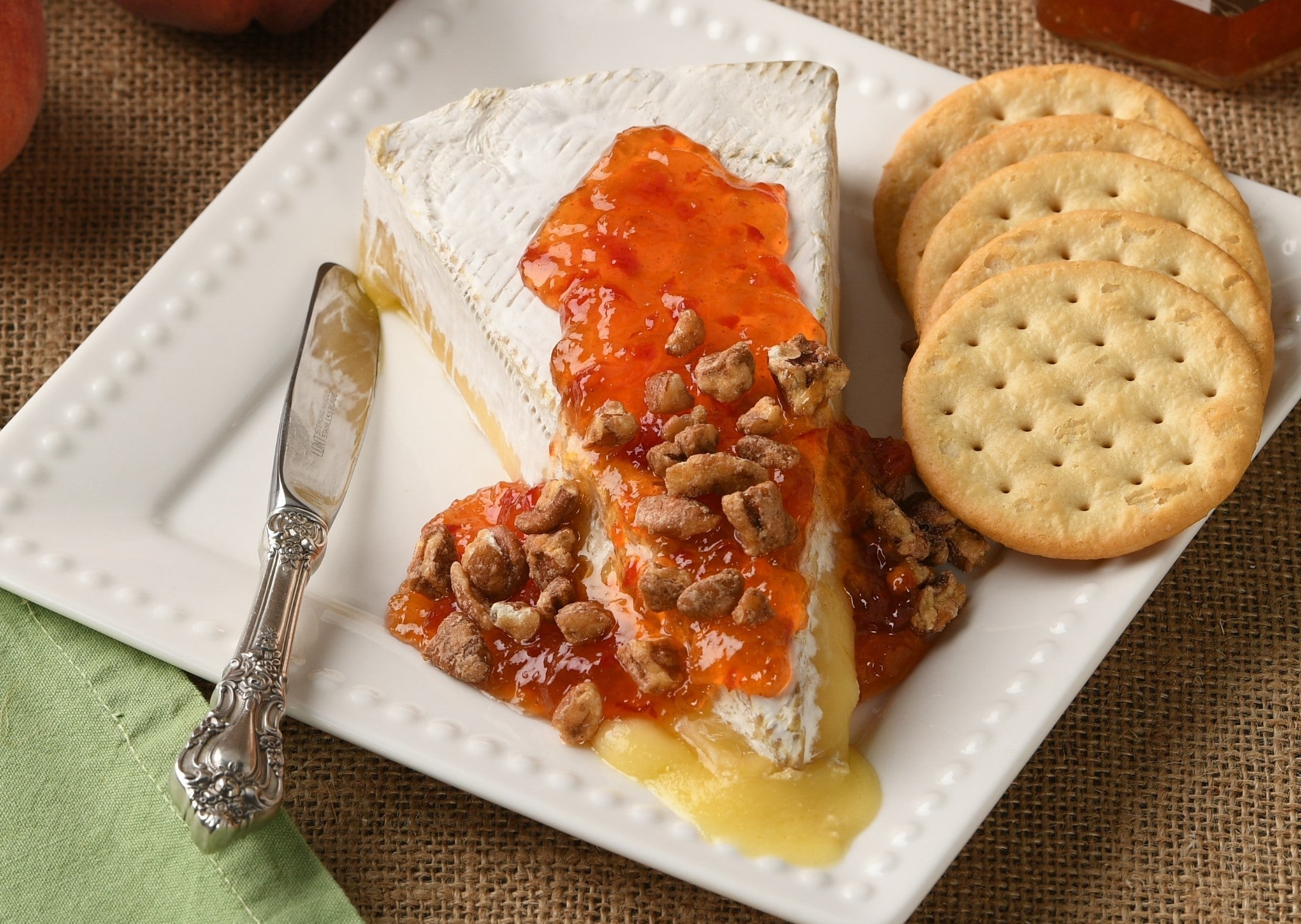 Baked Brie with Maple Crumbles and Peach Pepper Preserves