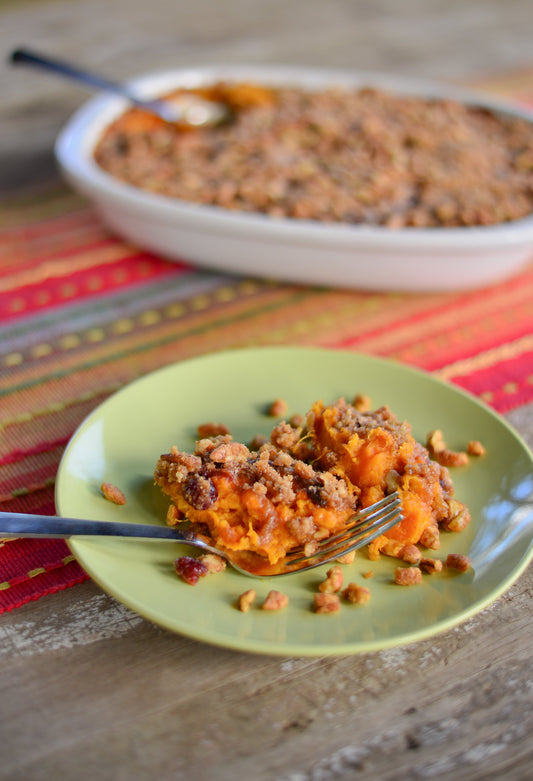 ROASTED SWEET POTATOES WITH PECAN CRUMBLE TOPPING