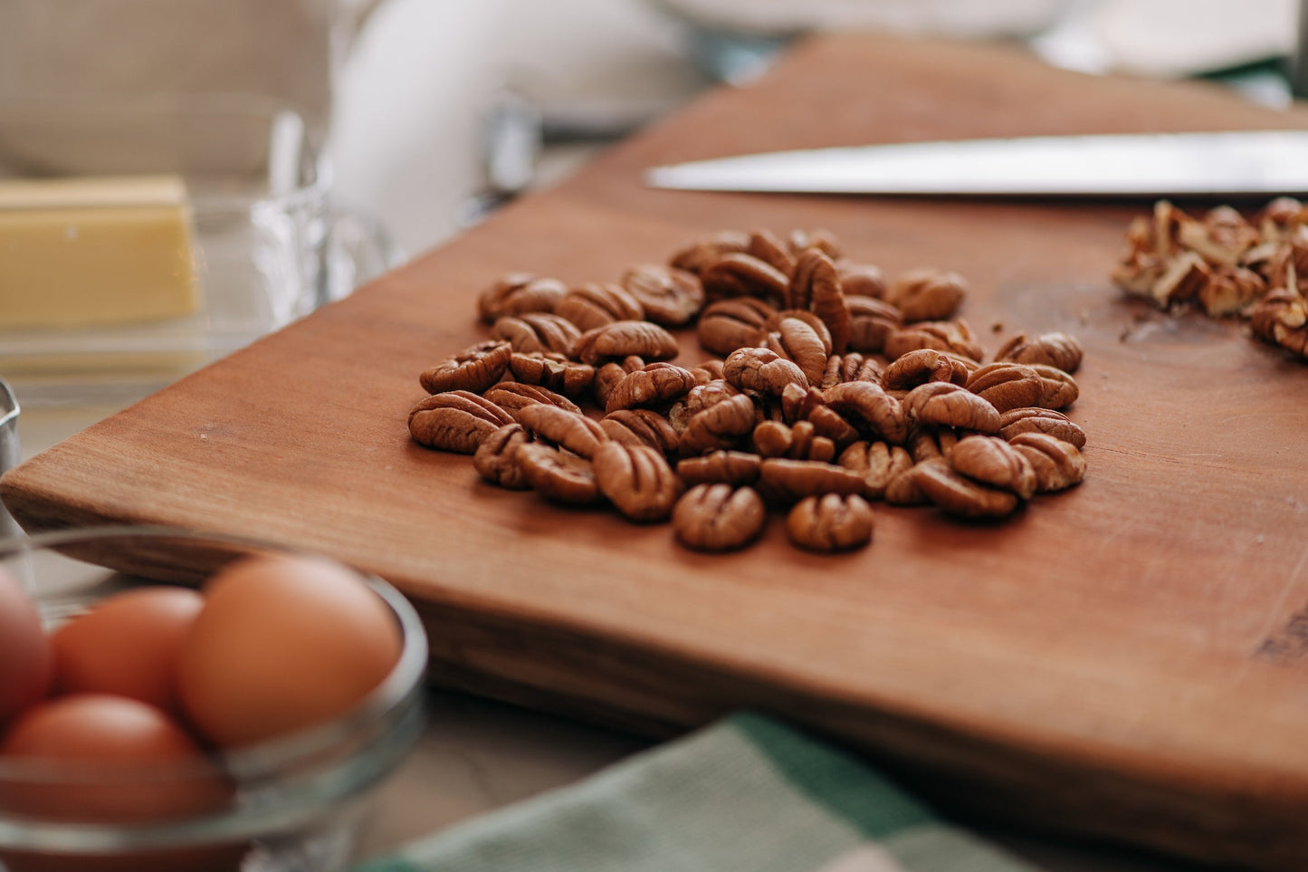 Pecans on a chopping board